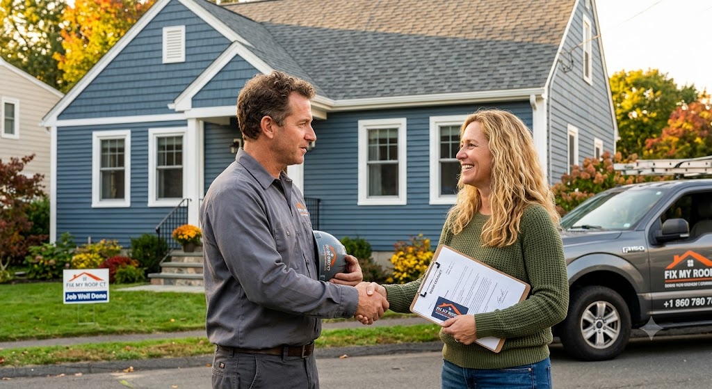 Connecticut roofer and homeowner shaking hands